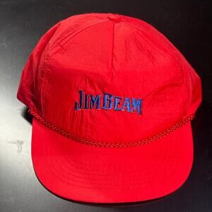 Vtg 90s Retro Neon RED Jim Beam Liquor Nylon Rope Bill Snapback Hat